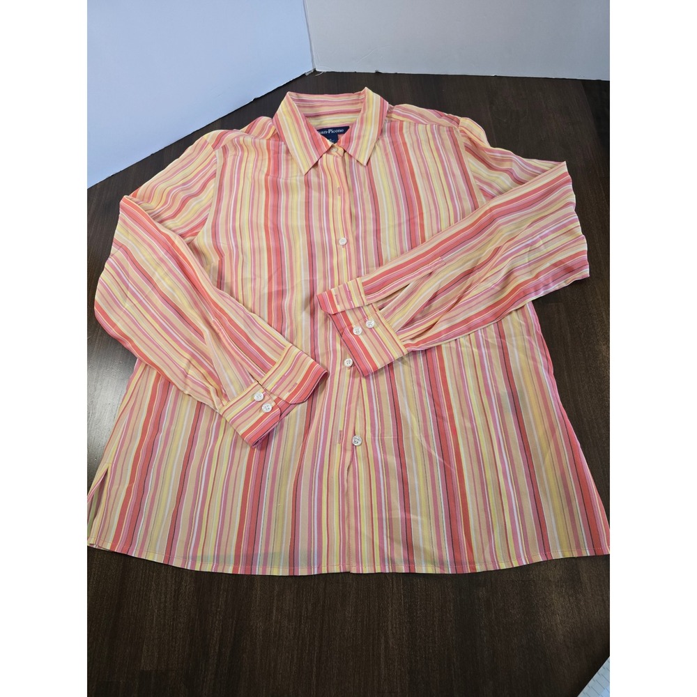 Evan-Picone Womens 100% Silk Striped Button Down Shirt Pink Orange Yellow Sz 12